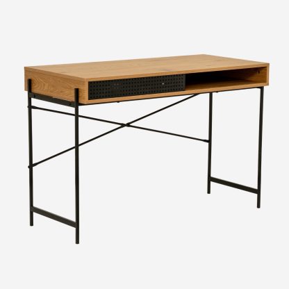 Angus Modern Metal & Wood Office Desk, Oak