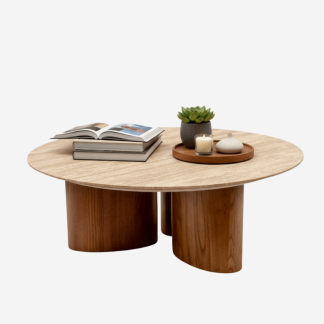 Venus  Round  Marble Coffee Table- Light Travertine & Wood