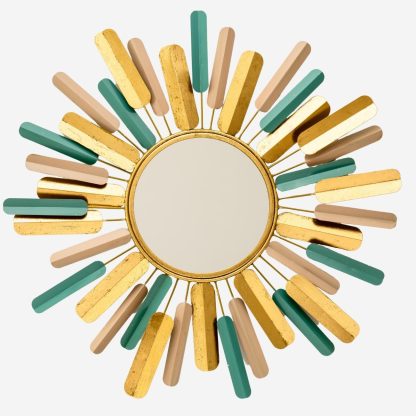 Sunray Round Wall Mirror, Metal Green & Gold