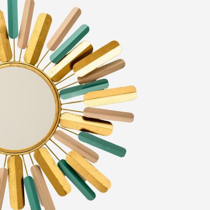 Sunray Round Wall Mirror, Metal Green & Gold