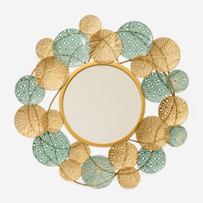 Plates Round Wall Mirror, Metal Blue & Gold