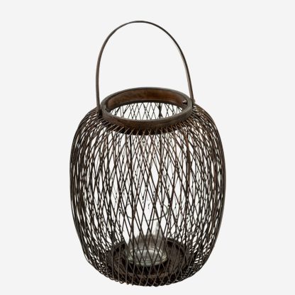 Bamboo Lantern With Glass Small, Dark Brown