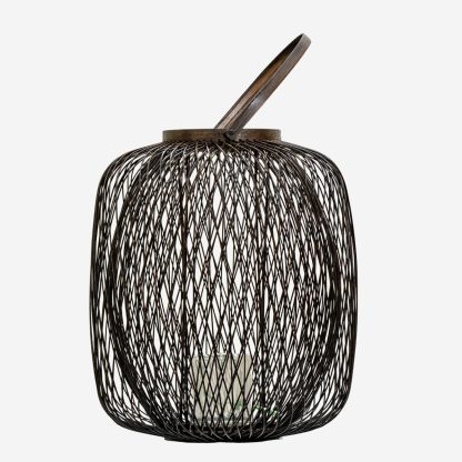 Bamboo Lantern With Glass Meduim, Dark Brown