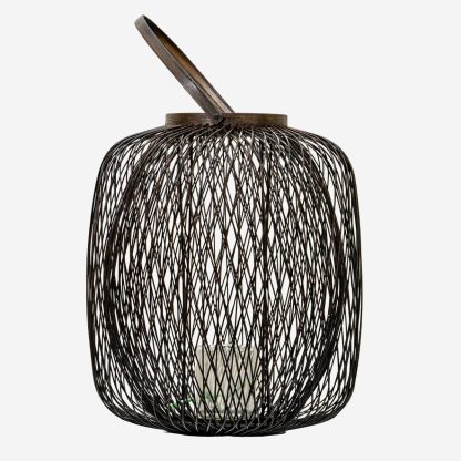 Bamboo Lantern With Glass Meduim, Dark Brown