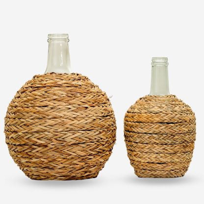 Hand Made Glass Bottle with Rattan Large, Light Brown