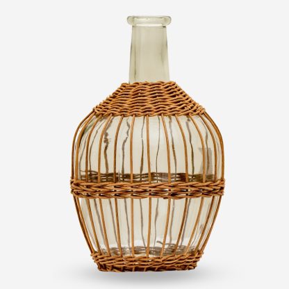 Recycled Hand Made Glass Bottle with Rattan Medium, Light Brown