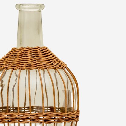 Recycled Hand Made Glass Bottle with Rattan Medium, Light Brown